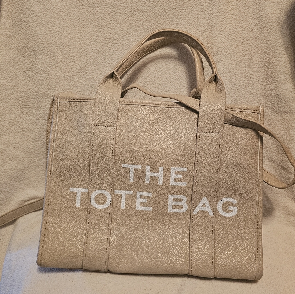 Beige Tote Bag with White Text